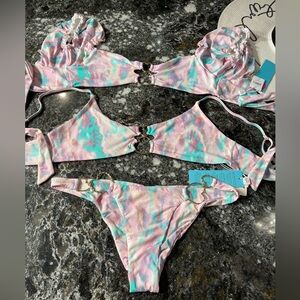 NWT beach bunny trio set Lexi love; sleeve crop top M, halter top DD, bottoms L